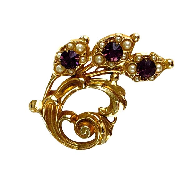 Vintage Gold Tone Brooch Purple Rhinestones Faux Pearls Leaf Design - Picture 4 of 8